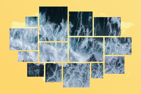 Photo collage of waves on yellow background