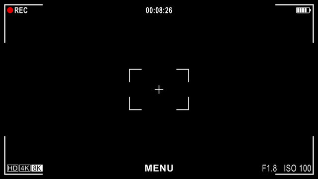4k 8k video Camera viewfinder recording interface on a black background with focus reticle, REC indicator, timecode, resolution icons, and UI elements.