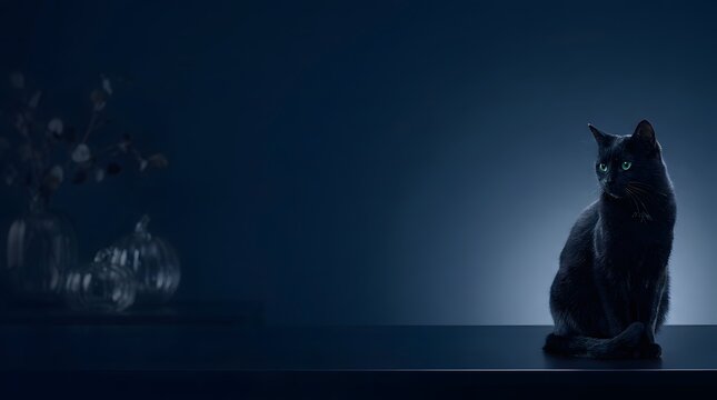 Dramatic low key lighting of a black cat reaching upwards in a dark room