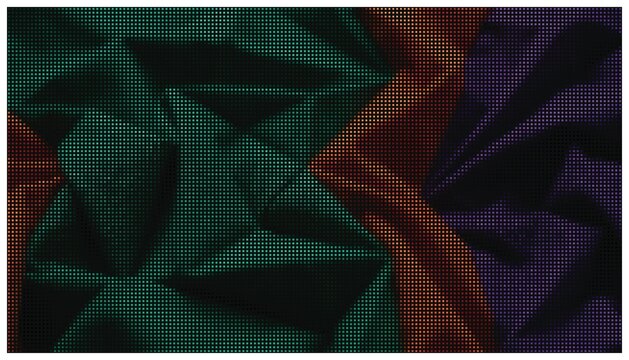 Geometric triangle mosaic green and purple glow.