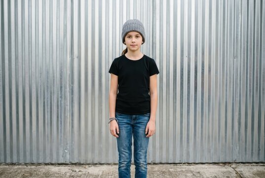 Young Girl in Black T-shirt and Beanie Standing Against Corrugated Metal Wall - Urban Style Portrait
