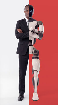 Half man, half robot split vertically