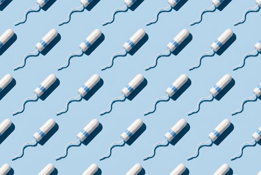 Seamless Pattern of White Cotton Tampons on Light Blue Background for Feminine Hygiene and Menstrual Health Concept
