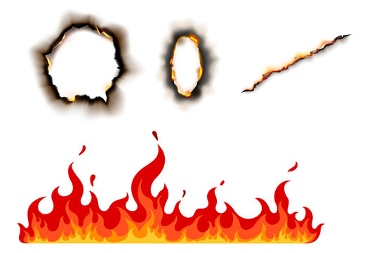 Fire flame blaze set burning paper burnt hole crack line effect background vector illustration collection