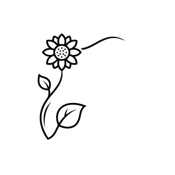 Black and white sunflower drawing with leaves and stem