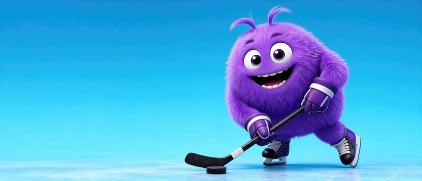 Cute fluffy monster playing ice hockey on an indoor rink. Cheerful winter sport character with hockey stick and puck, joyful athletic concept with copy space. Banner with copy space