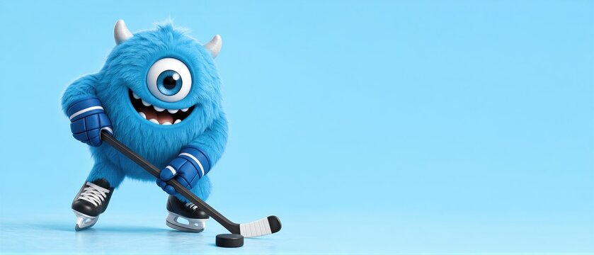 Cute fluffy blue monster playing ice hockey on an indoor rink. Fun winter sport character with hockey stick and puck, joyful athletic concept for seasonal design. Banner with copy space