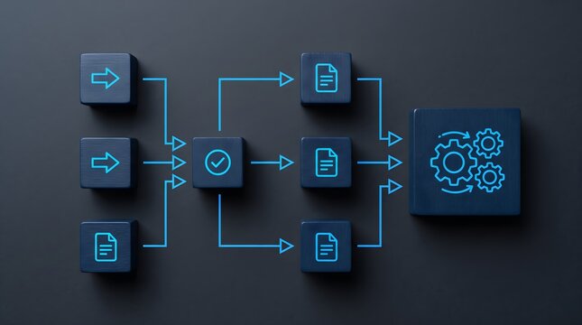 Business process automation workflow with blue wooden cubes.