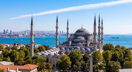 Naklejka premium Scenic elevated view of the historic Blue Mosque in Istanbul overlooking the Bosphorus strait on a sunny day