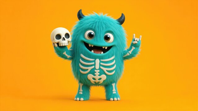 Cute fluffy monster holding a skull and making a playful gesture. Fantasy character with horns and skeleton costume for winter sport promotion, children&rsquo;s design, and holiday entertainment.