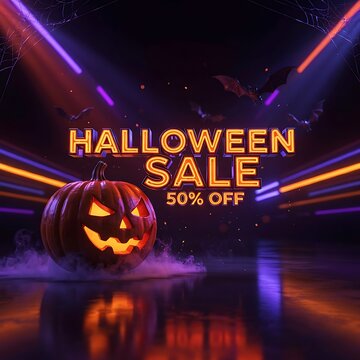 Halloween offer sale neon light background design 