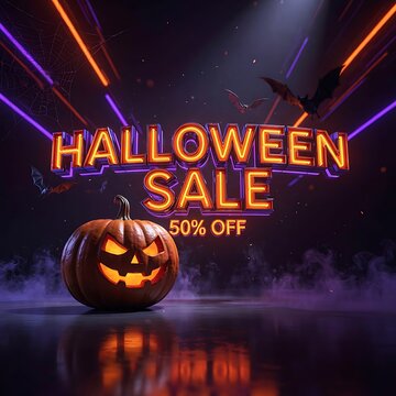 Halloween offer sale neon light background design 