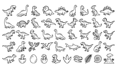 Cute Dinosaur Outline Collection for Kids, Funny T Rex, Diplodocus, Velociraptor and Prehistoric Animals Vector © Nibaron