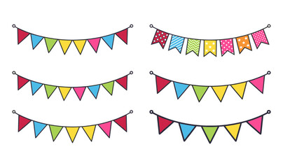 Obraz premium Colorful Bunting Garland Flag Vector Set Featuring Solid Colors And Cute Patterns For Birthday Party Celebrations Carnivals Holidays And Festival Invitation Graphic Designs