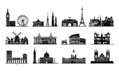 Naklejka premium Black silhouette collection of famous european architectural landmarks architecture church cathedral