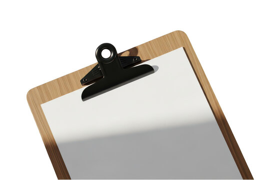 Wooden clipboard with empty paper for notes and documents isolated on transparent background