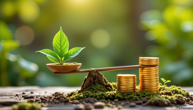 A visual metaphor of financial growth with money stacks and plant sprouts balanced by a scale, set against a background that suggests an outdoor, natural setting.