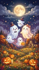 Obraz premium Cute cartoon ghosts celebrating halloween night with glowing jack o lantern pumpkins in a spooky forest under a big full moon in the dark sky