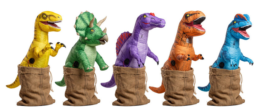 Inflatable dinosaur sack race costumes lined up for fun game, featuring colorful T-Rex, Triceratops, and Spinosaurus in burlap bags for party games, competition, and outdoor fun activities.