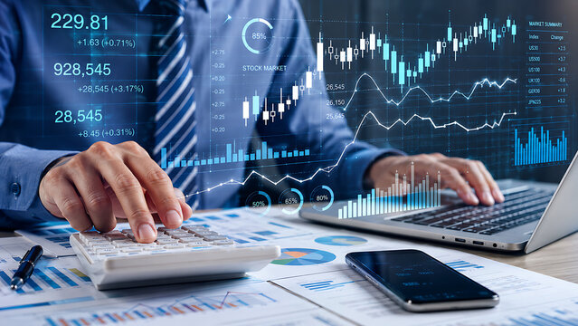 Financial analyst calculating data on calculator with laptop displaying stock charts and graphs during business analysis