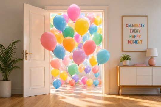 Many colorful balloons floating through an open doorway into a bright room