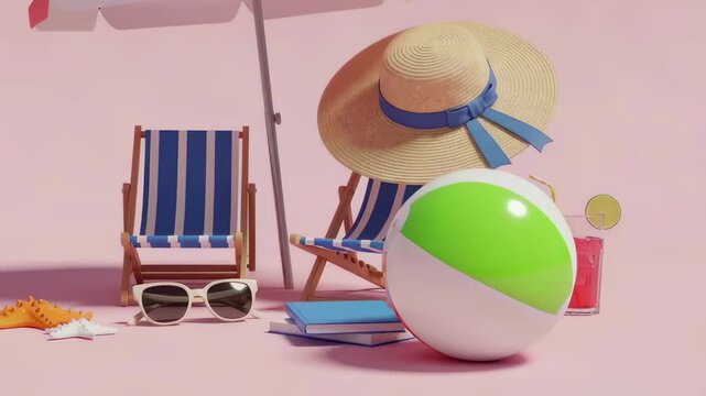 Summer beach scene with striped deck chairs, sun hat and colorful beach ball on pink backdrop leisure and holiday lifestyle concept
