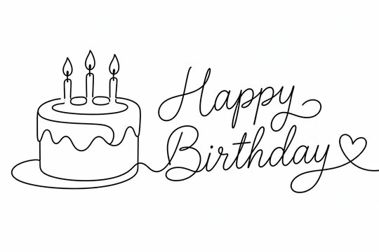 Black and white happy birthday text with a cake icon illustration