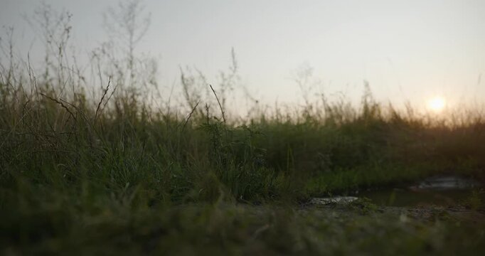 Caucasian man with long hair and Ukrainian traditional folk attire run away being chased . 4K 10-bit