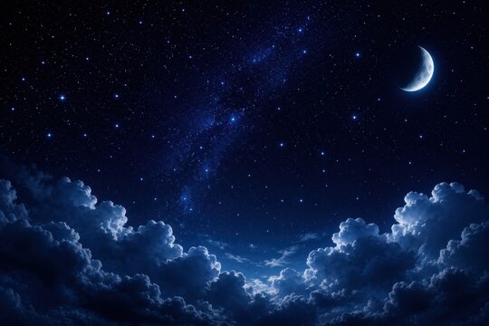 Pixel art night sky with a crescent moon and stars above dark blue clouds
