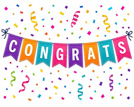 Colorful party bunting flags with the word congrats and confetti