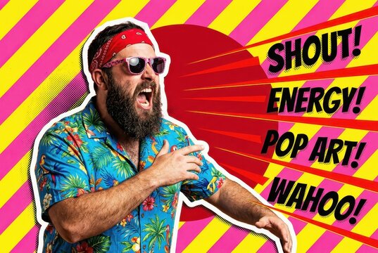 Energetic Bearded Man Shouting in Vibrant Pop Art Comic Style with Hawaiian Shirt and Bandana