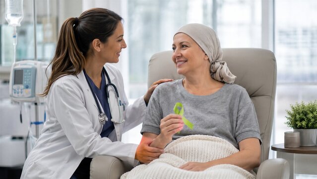 Woman doctor supporting smiling female lymphoma patient holding a green awareness ribbon during cancer treatment