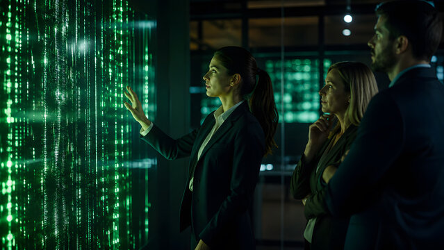 Businesswoman with two colleagues touching wall of glowing green falling code inside dark room together