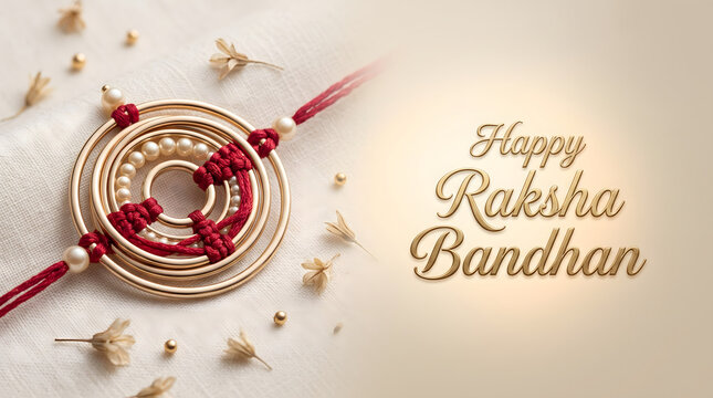 Happy Raksha Bandhan Greeting Card with Elegant Gold Rakhi Bracelet, Traditional Indian Festival Background for Sister and Brother Bond