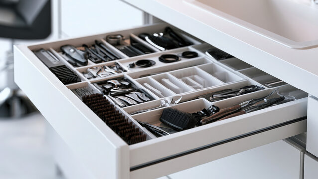 Professional hair salon styling tools drawer interior with organized open on transparent background