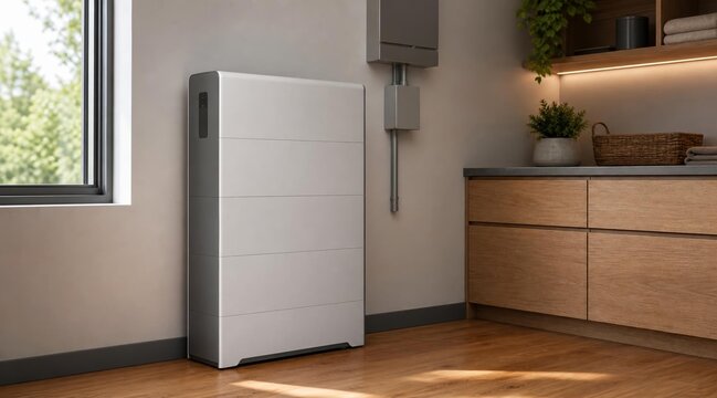 Modern home battery energy storage system installed in a residential kitchen.