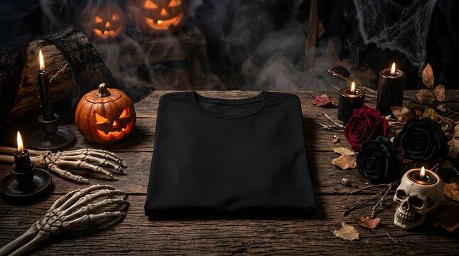Black tshirt mockup on a rustic wooden table with halloween decorations, including jackolanterns, skeleton hands, candles, and roses, spooky atmosphere