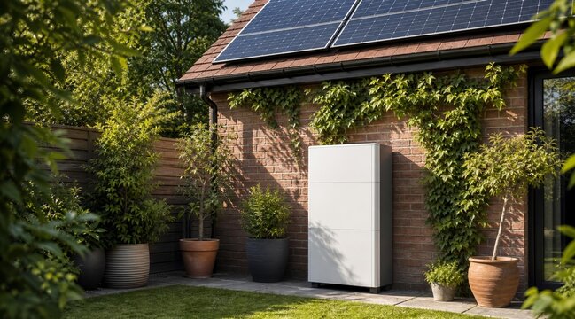 Modern residential home energy battery storage system installed in a sunny garden.