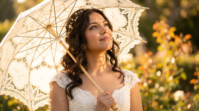 Bride in white lace dress holding vintage lace umbrella in sunlit garden, golden hour, romantic elegant bridal portrait