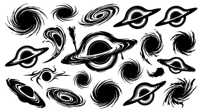 Collection of Black Hole Silhouettes and Event Horizons on White Background