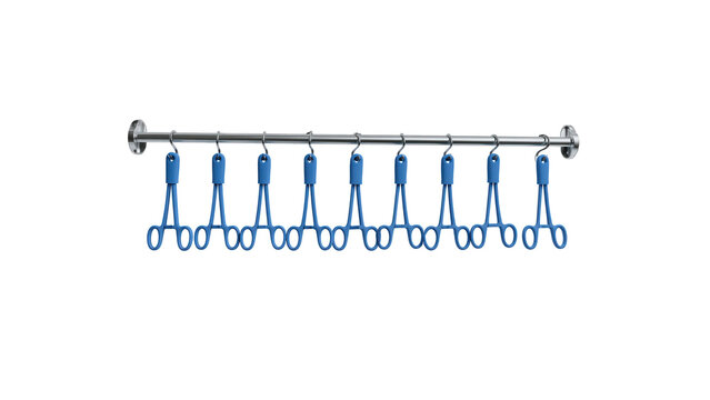 Row of medical clamps hanging from metal rail with identical blue on transparent background