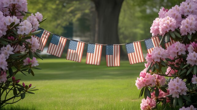 A string of miniature american flags hanging between two blooming pink rhododendron bushes in a lush green garden setting, perfect for patriotic holidays