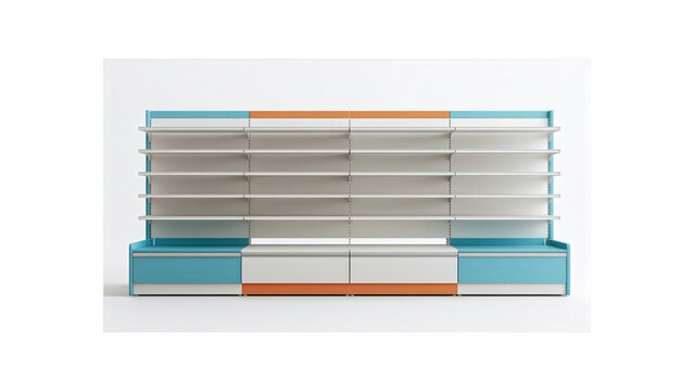 Empty modular retail shelving unit with colorful accents with displays on transparent background