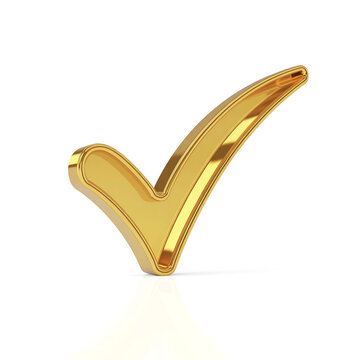 3D Shiny Golden Checkmark Symbol Isolated on White Background