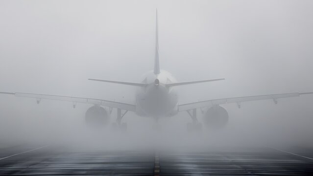 Airliner Disappearing Into Dense Airport Fog