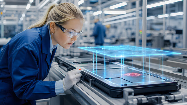 female engineer wearing safety glasses inspecting holographic battery component along modern automated factory production line today