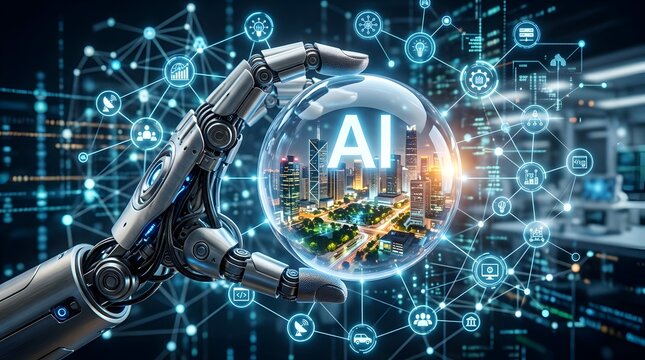 Artificial Intelligence Robot Arm Connecting Digital Data Networks for Smart Technology