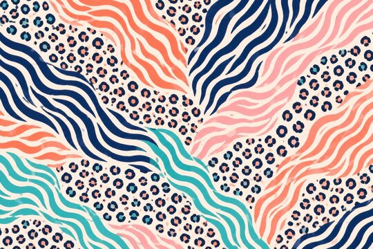 Abstract colorful animal print pattern with leopard spots and wavy zebra stripes