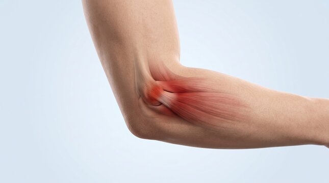 Tennis elbow shown in premium minimal medical CGI with localized lateral elbow pain and subtle extension into the forearm on a clean pale blue clinical background.