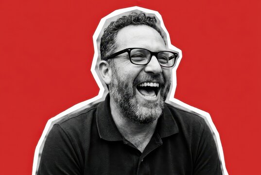 Happy Middle-Aged Man Laughing Heartily in Black and White Portrait with Red Background Sticker Style